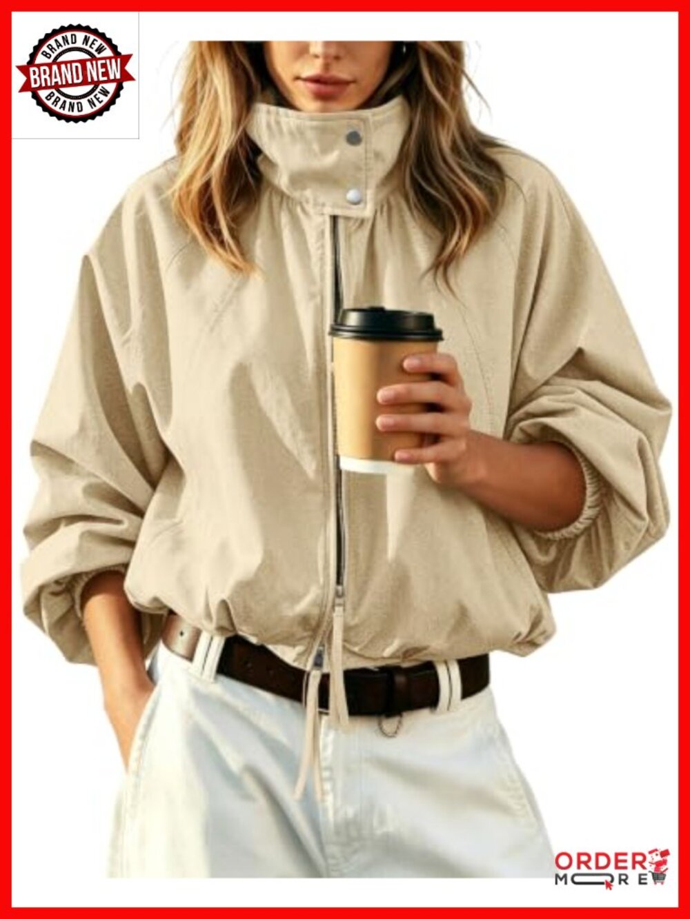 Women's Cropped Bomber Jacket Zip-Up Funnel Neck Batwing Sleeve Oversized
